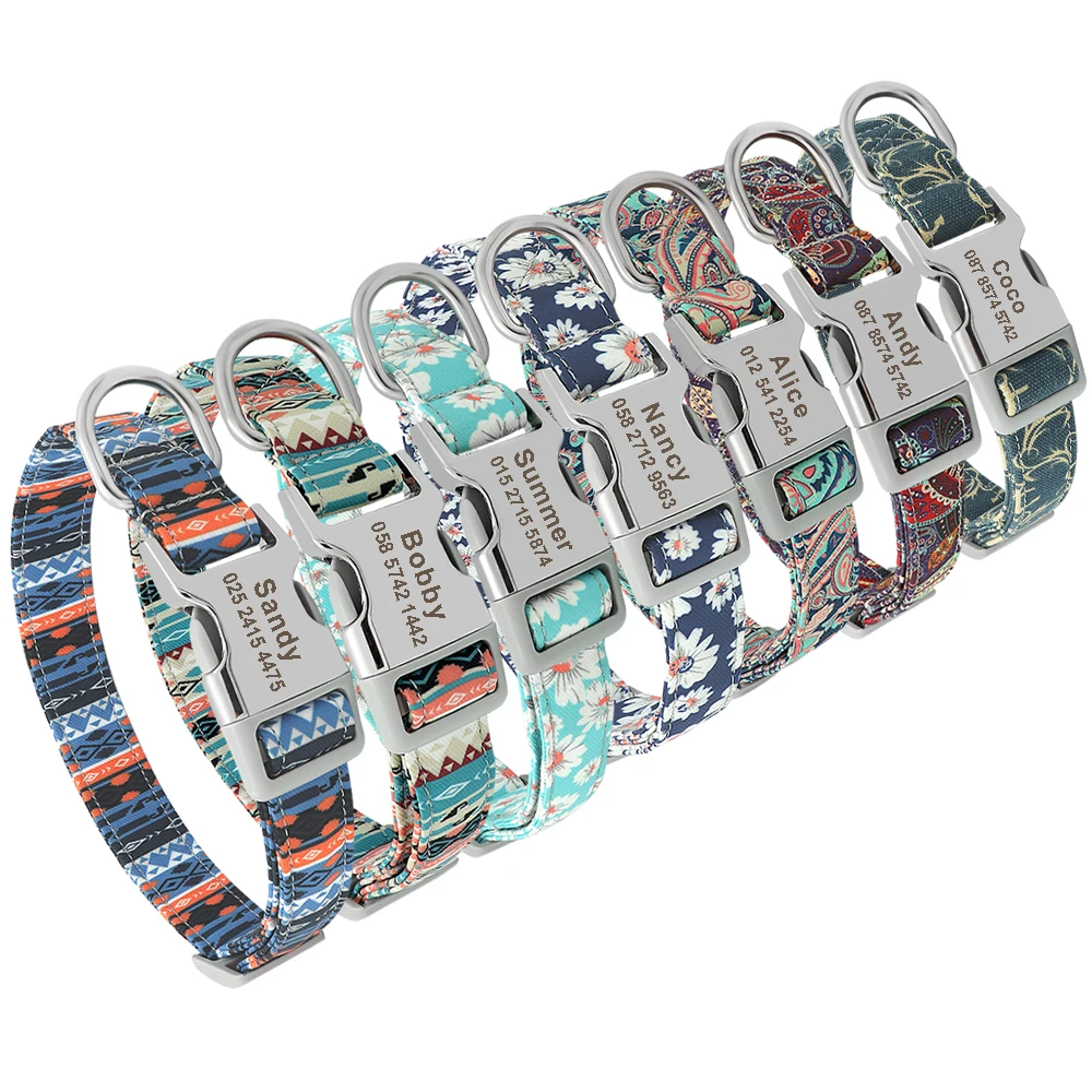 Collar de accesorios para perros personalizado, Collar para cachorros con estampado de nailon, collares de identificación para perros, identificación grabada gratis para perros pequeños, medianos y grandes