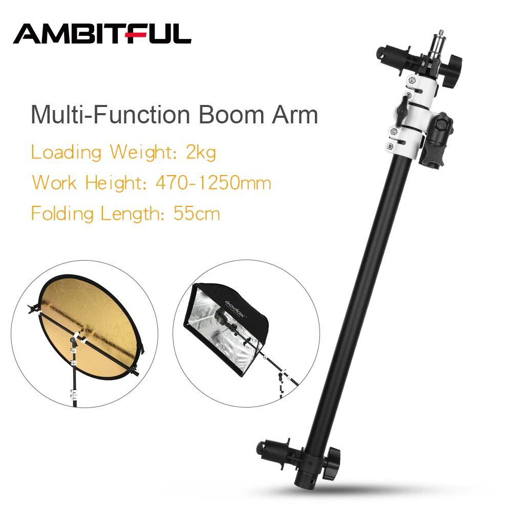 Soporte de cabeza giratoria, soporte de brazo de disco reflector con brazo de pluma telescópica, bolsa de arena de luz superior para Speedlite Mini Flash estroboscópico