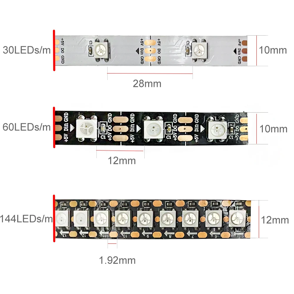 DC5V WS2812B 5 m/rollo 30/60/144leds/m negro/blanco PCB IP30/IP65/IP67 5050RGB direccionable individualmente tira de luz de píxeles led inteligente