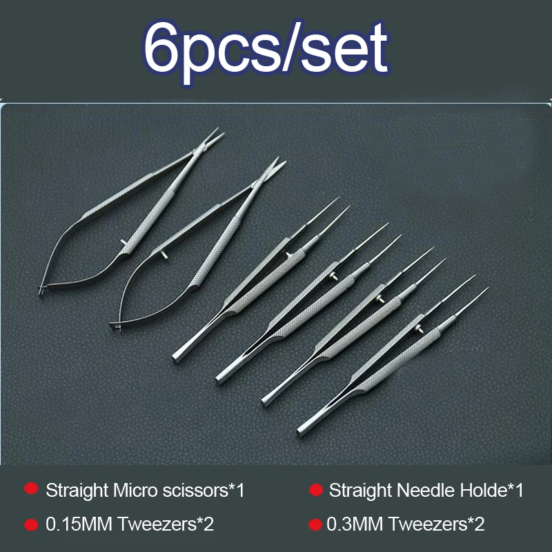 Nuevo 4 unids/set instrumentos microquirúrgicos oftálmicos 12,5 cm tijeras + porta agujas + pinzas herramienta quirúrgica de acero inoxidable