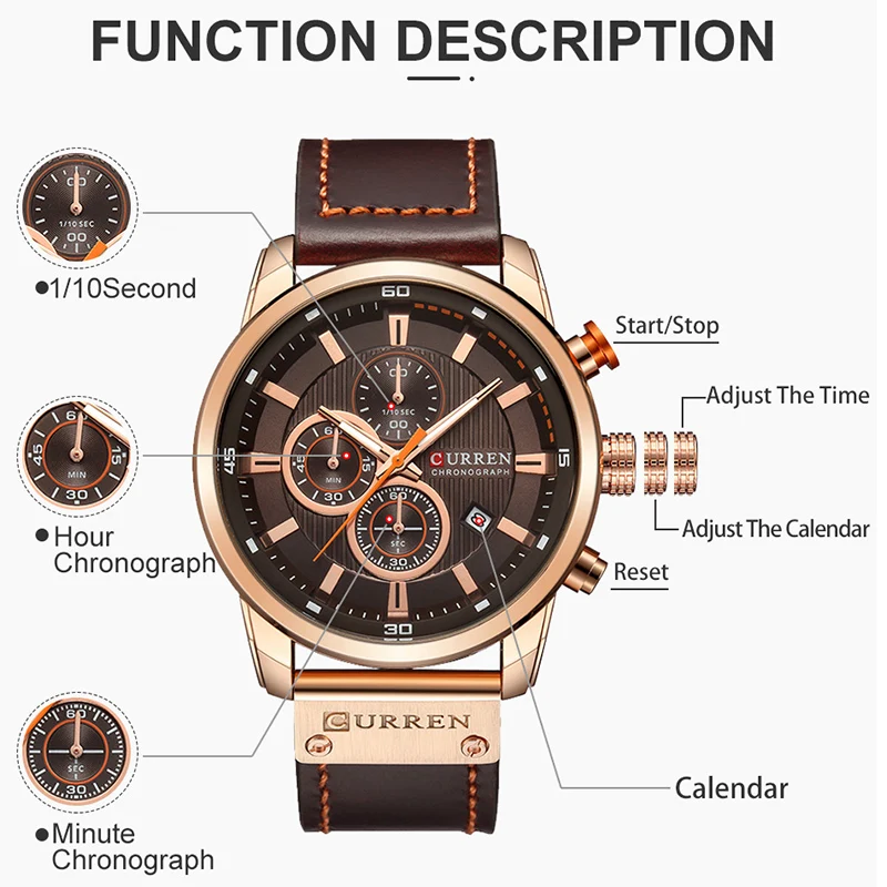 CURREN-reloj deportivo de cuero para hombre, cronógrafo de cuarzo, militar, Masculino