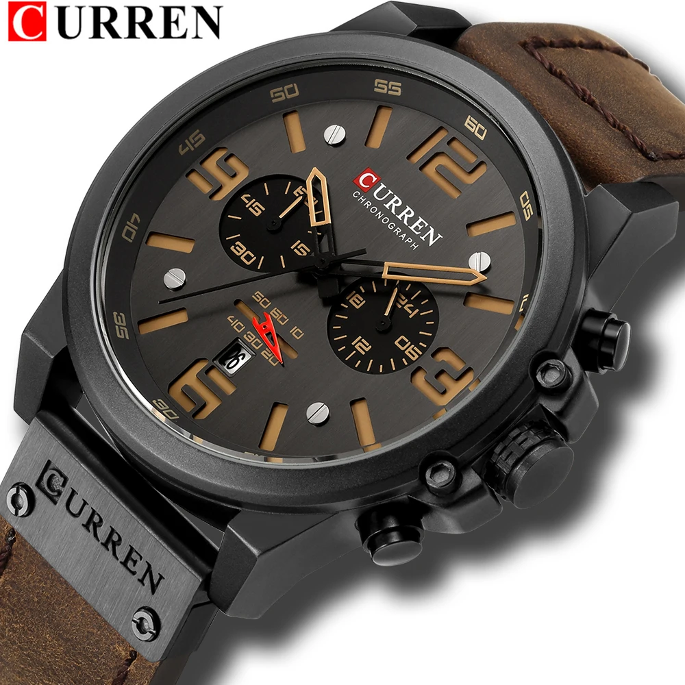 Relojes CURREN para hombre, marca de lujo, reloj de pulsera deportivo resistente al agua, cronógrafo de cuarzo, reloj militar de cuero genuino, reloj Masculino