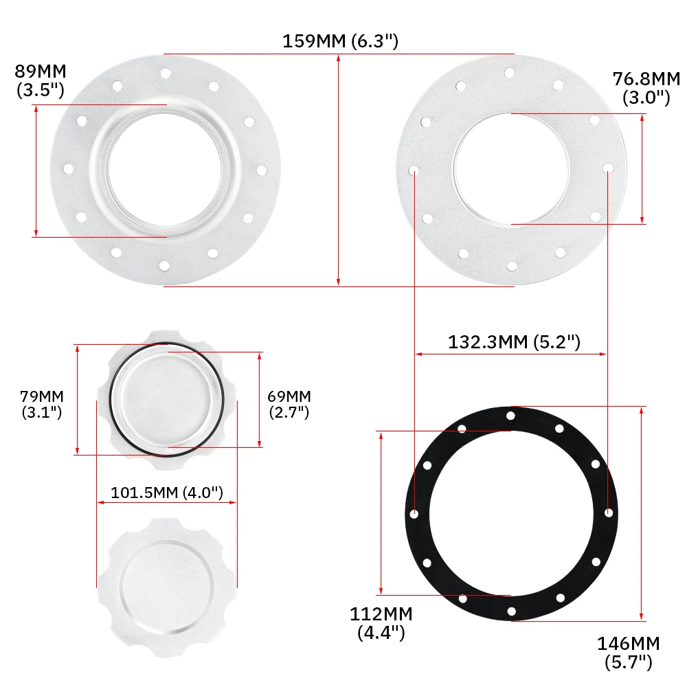 PQY-Tapa de tanque de combustible/sobretensión de Celda de Combustible de aluminio Billet con 12 orificios de bloqueo con apertura I.D de 3 ''para PQY-SLFCC-01SL de Celdas de Combustible RI