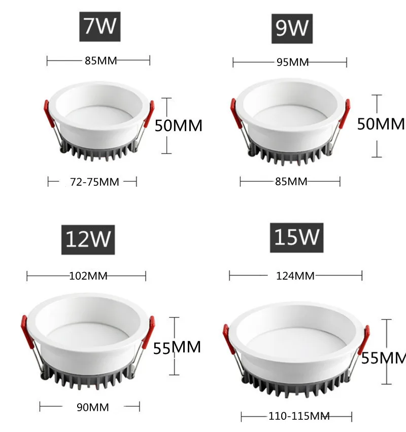 Luces LED empotradas antideslumbrantes regulables AC85~265V, luces LED de techo de 7W/9W/12W/15W, lámparas de fondo, iluminación interior