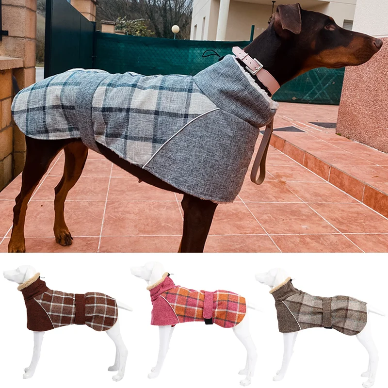 Ropa cálida de lana para perros grandes, chaqueta con estampado a cuadros a la moda para mascotas con cinturón para perros medianos y grandes, ropa Weimaraner de galgo