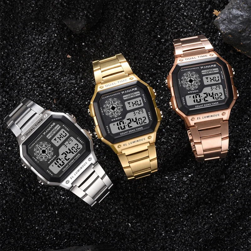 Reloj de pulsera deportivo militar para hombre, relojes de acero inoxidable 5BAR resistentes al agua, pantalla cuadrada Digital para hombre, reloj Masculino