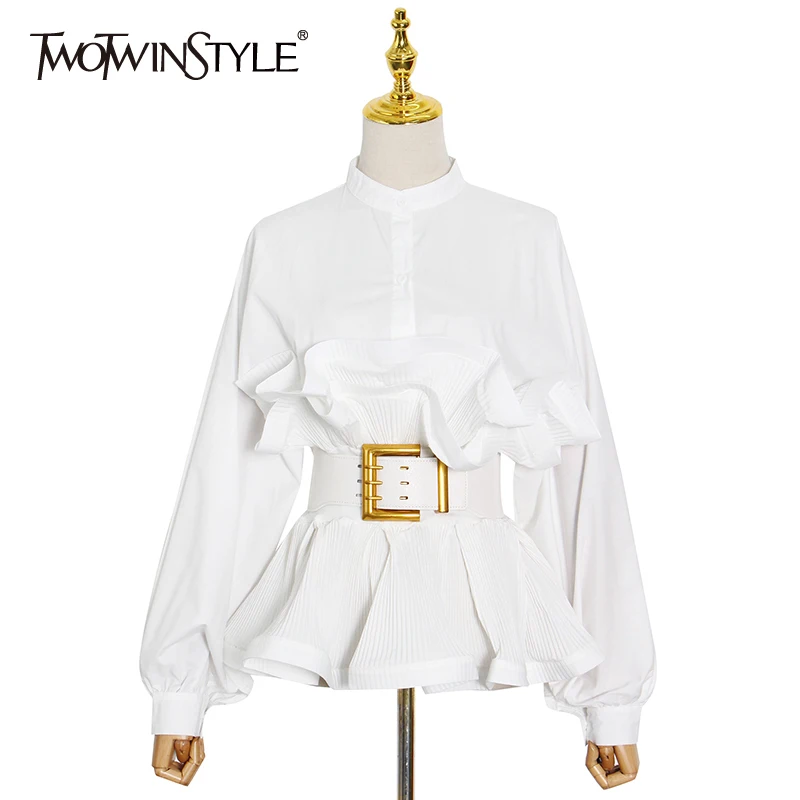 TWOTWINSTYLE-blusa elegante con volantes para mujer, Blusa de manga larga con cuello levantado, Túnica coreana, moda femenina, novedad