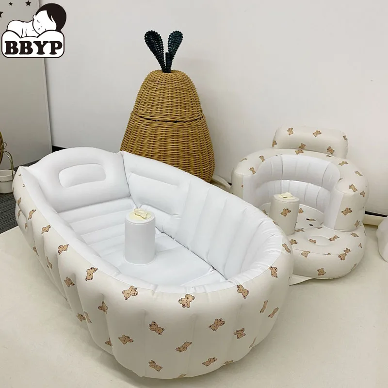 Silla de bañera inflable multifuncional de PVC para bebé, taburete de baño plegable de oso bonito