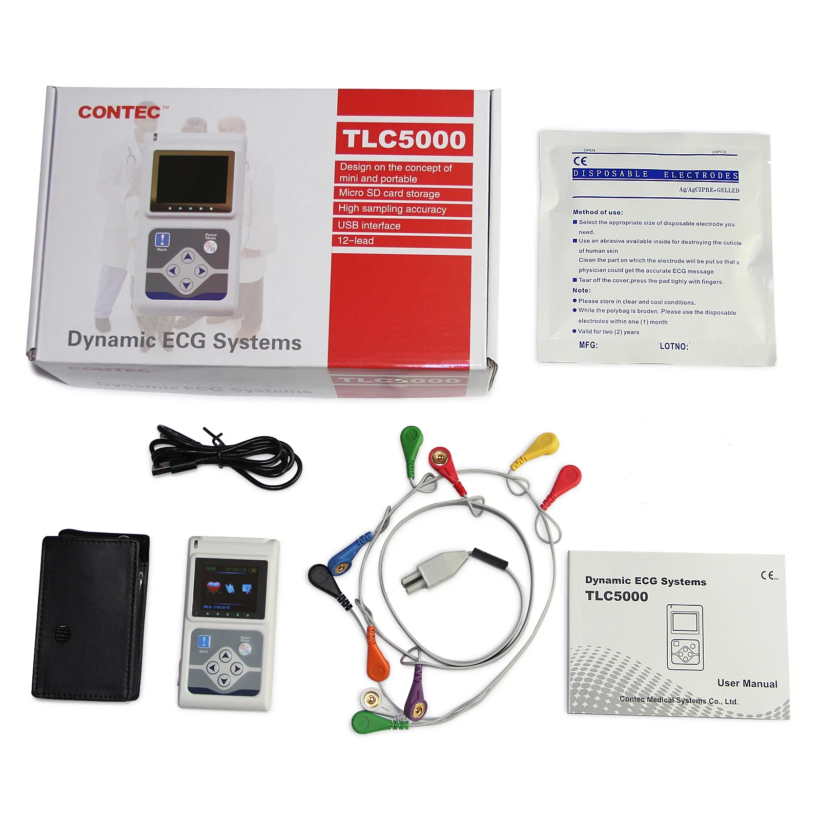 CONTEC-dispositivo ECG portátil TLC5000 de 12 canales, monitor de frecuencia cardíaca, 24 horas, con pantalla LCD, sistema EKG CE
