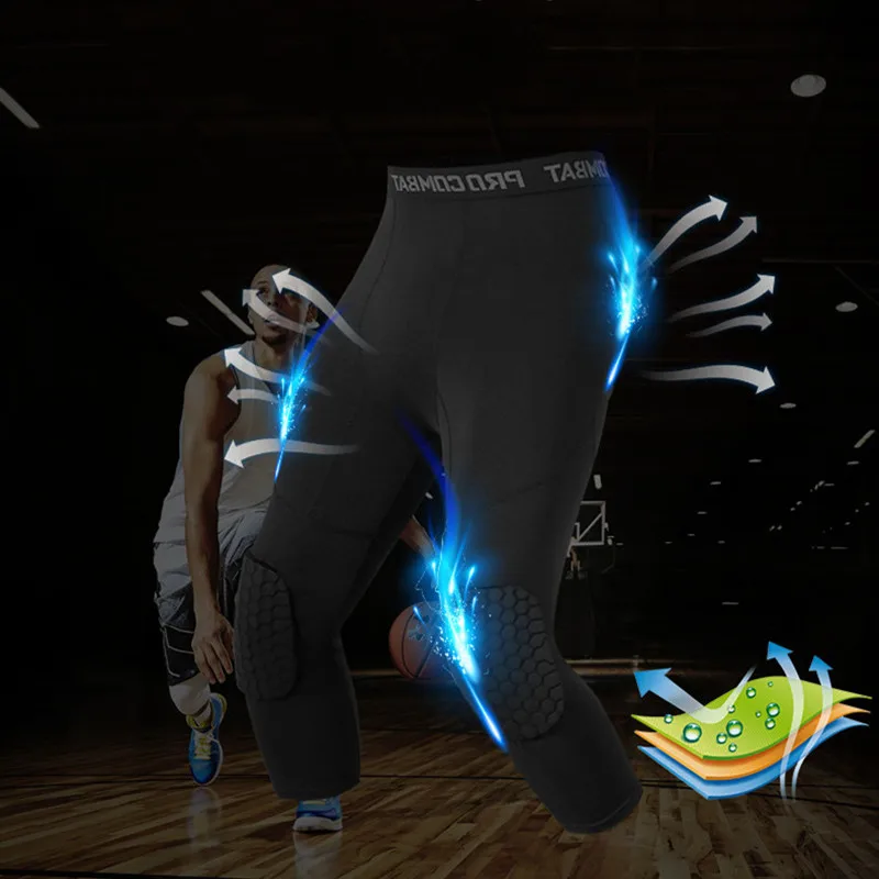 Mallas deportivas para correr para hombre, rodillera anticolisión, pantalones de compresión de secado rápido, mallas de entrenamiento físico de alta elasticidad para gimnasio 3/4