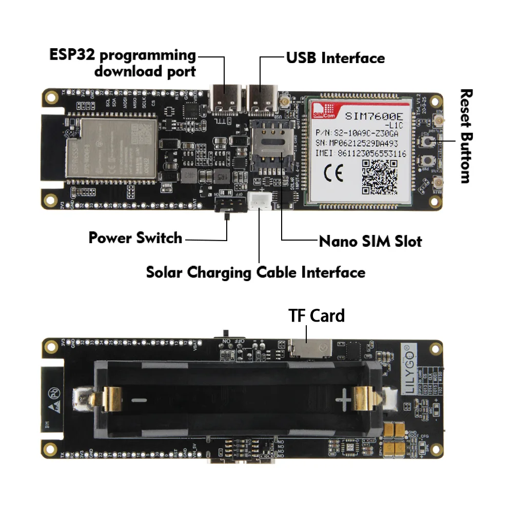LILYGO ®   TTGO T-SIM7600E-L1C 4G LTE CAT4 módulo Dongle USB ESP32 Chip WiFi Bluetooth 18650 soporte de batería Placa de carga Solar