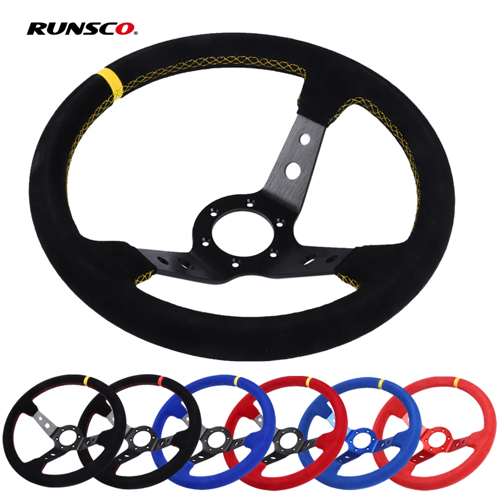 Volante de coche de 350mm y 14 pulgadas, volante de juego de carreras de deriva de cuero de gamuza Universal