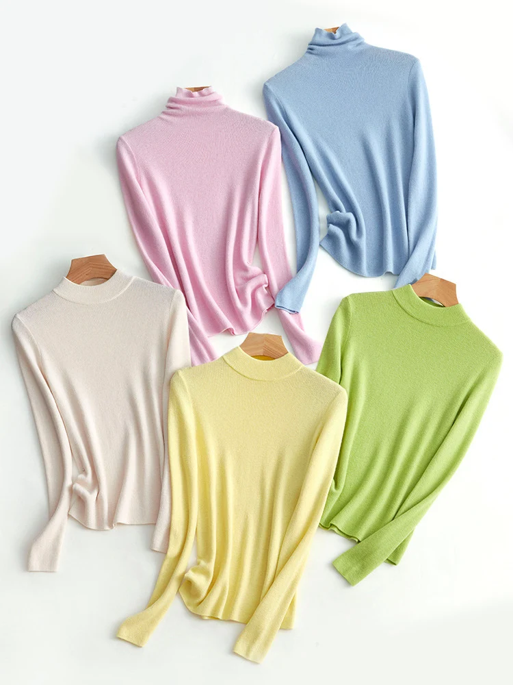 SuyaDream invierno 2021 100% lana cuello liso jerseys 2021 Otoño Invierno básico suéteres para mujer de colores de caramelo
