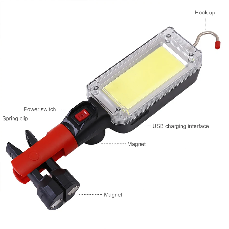 Luz de trabajo COB recargable por USB, linterna LED portátil 18650, gancho magnético impermeable ajustable, linterna de Camping con Clip, 1/2/4 Uds.