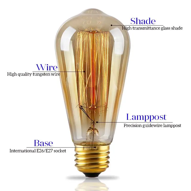 Bombilla Edison Retro E27 220V 110V 40W ST64 G80 G95 T10 T45 ampolla regulable Vintage filamento lámpara incandescente Edison