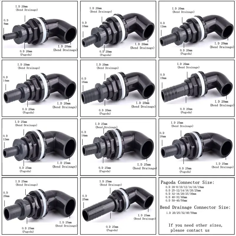 O.D20/25-8/10/12/14/16/19/20/25mmPVC, juego de juntas para tanque de peces, conector de drenaje curvo Pagoda, adaptador de manguera suave para riego de jardín