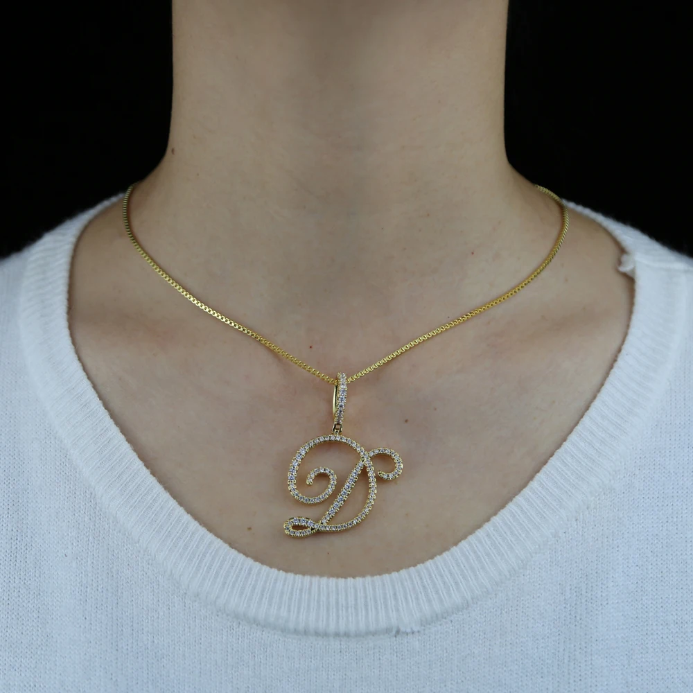 Collar con colgante de 26 letras iniciales cursivas, Micro pavé 5A, Zirconia cúbica CZ, joyería con nombre del alfabeto