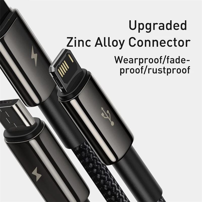 Cable USB 3 en 1 Baseus para iPhone 14 Pro Max, Cable USB Micro Tipo C para Xiaomi Redmi Note 9, Samsung S23, Cable de Carga Rápida