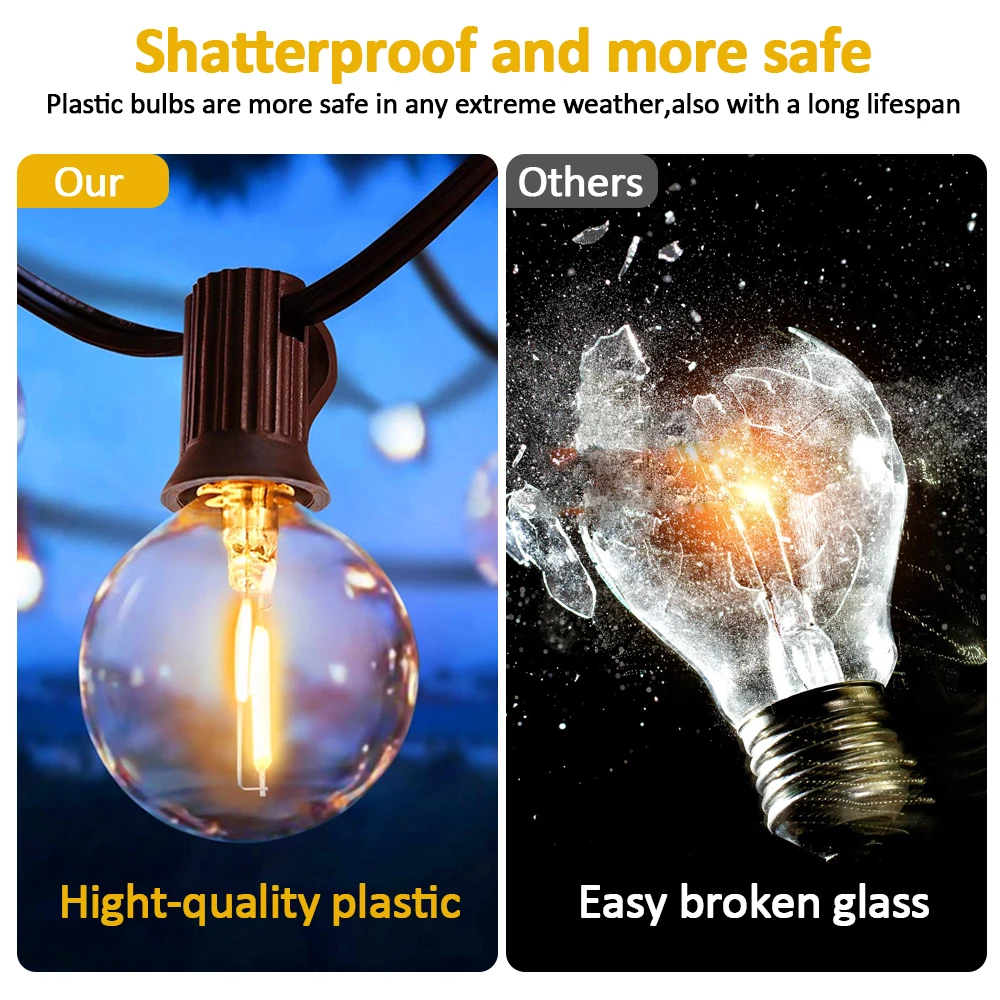 Guirnaldas de luces alimentadas por energía Solar para exteriores, 12M, 30 LEDS, G40, luces colgantes de globo impermeables con energía Solar y USB, inastillables