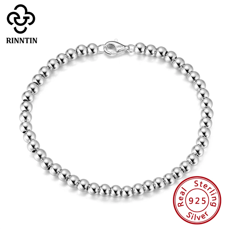 Rinntin-pulsera de plata de ley 925 para hombre y mujer, brazalete de cadena con cuentas de 4mm, hecho a mano, joyería SB103