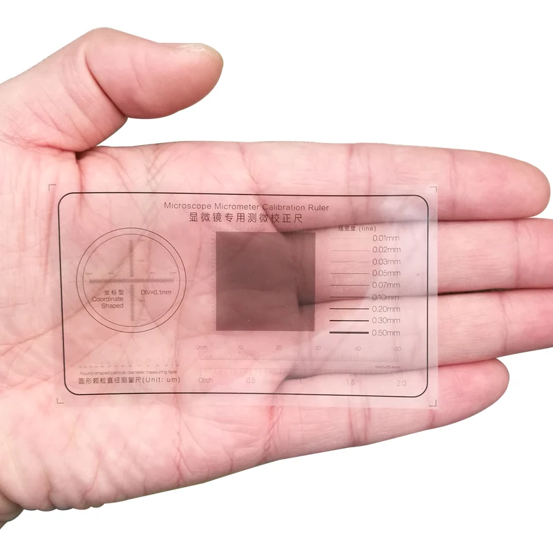 Microscopio micrómetro regla de calibración película transparente PET forma redonda diámetro de partícula cinta métrica línea forma de coordenadas