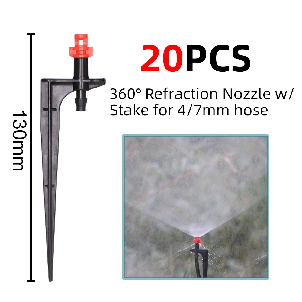 20 piezas Micro boquilla de nebulización de 90/180/360 grados, estaca de 11cm, conector de púas de 1/4 pulgadas, aspersor de riego para jardín, invernadero