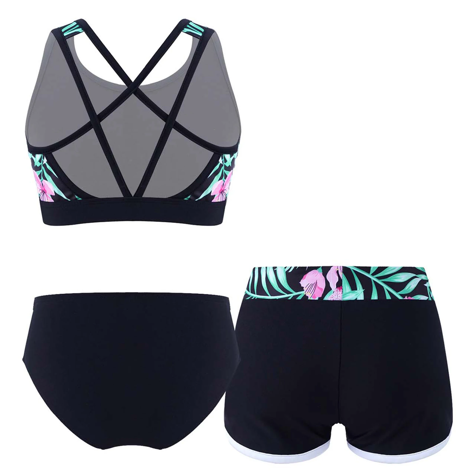 Traje de baño estampado para niñas adolescentes, traje de baño con tirantes cruzados, Tops cortos con pantalones cortos, conjunto de bragas, traje de baño para playa, piscina, parque acuático, protector contra sarpullidos