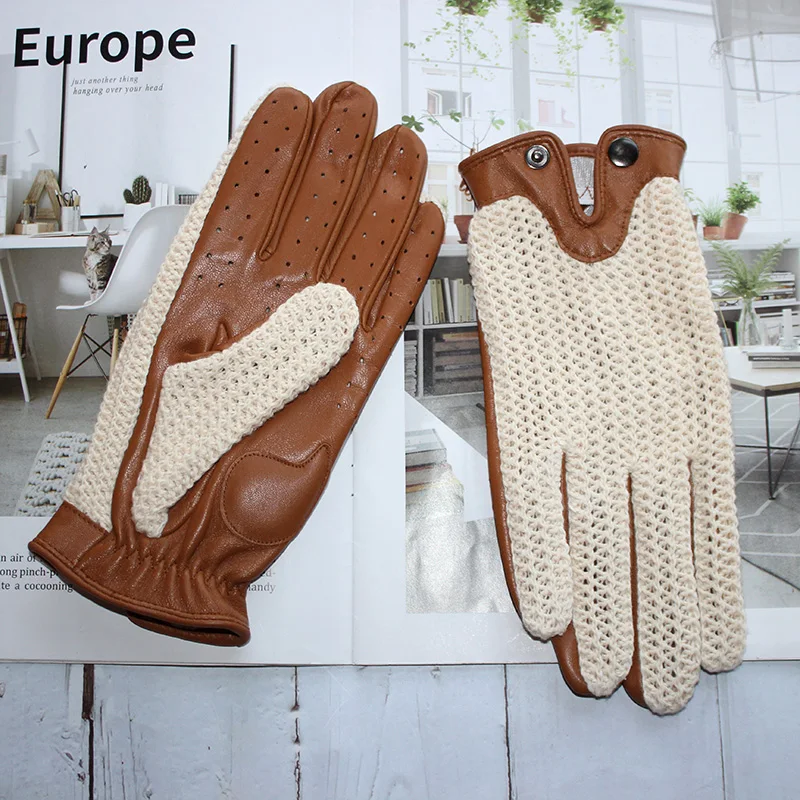 Guantes de Conducción de Cuero de Alta Calidad para Hombre, Antideslizantes, con Pantalla Táctil, Tejidos en Piel de Oveja, Transpirables, para Motociclismo