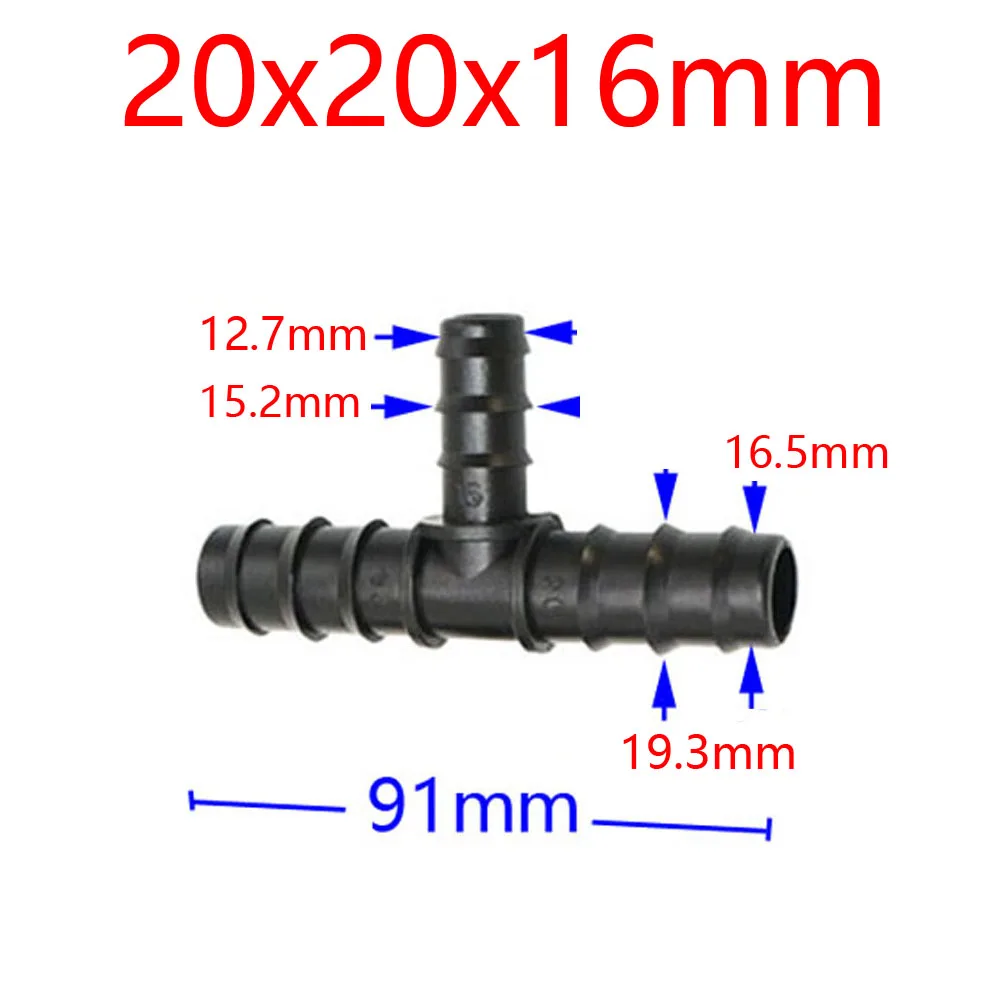 Manguera de jardín, 25mm, 20mm, 16mm, tubo de Pe, conector en T, reductor de agua, grifo divisor, tubo de riego, acoplador en T con púas, adaptador de goteo