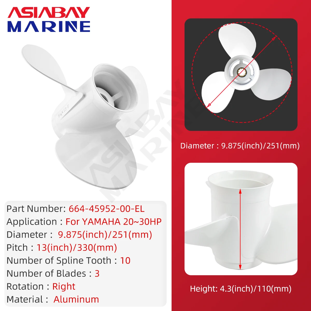 Hélice fueraborda para Yamaha 20hp 25hp 30hp 9 7/8*13 Motor de barco tornillo de aleación de aluminio 3 hojas 10 pieza de Motor marino estriado