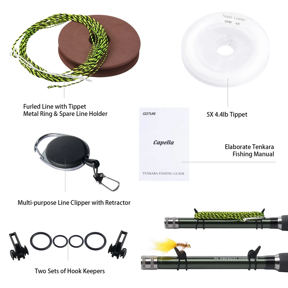 Goture-Kit de pesca Tenkara, caña de pescar con mosca de carbono ultraligera, juego de moscas Tippet de línea principal de 3,6 m, gancho y accesorios combinados