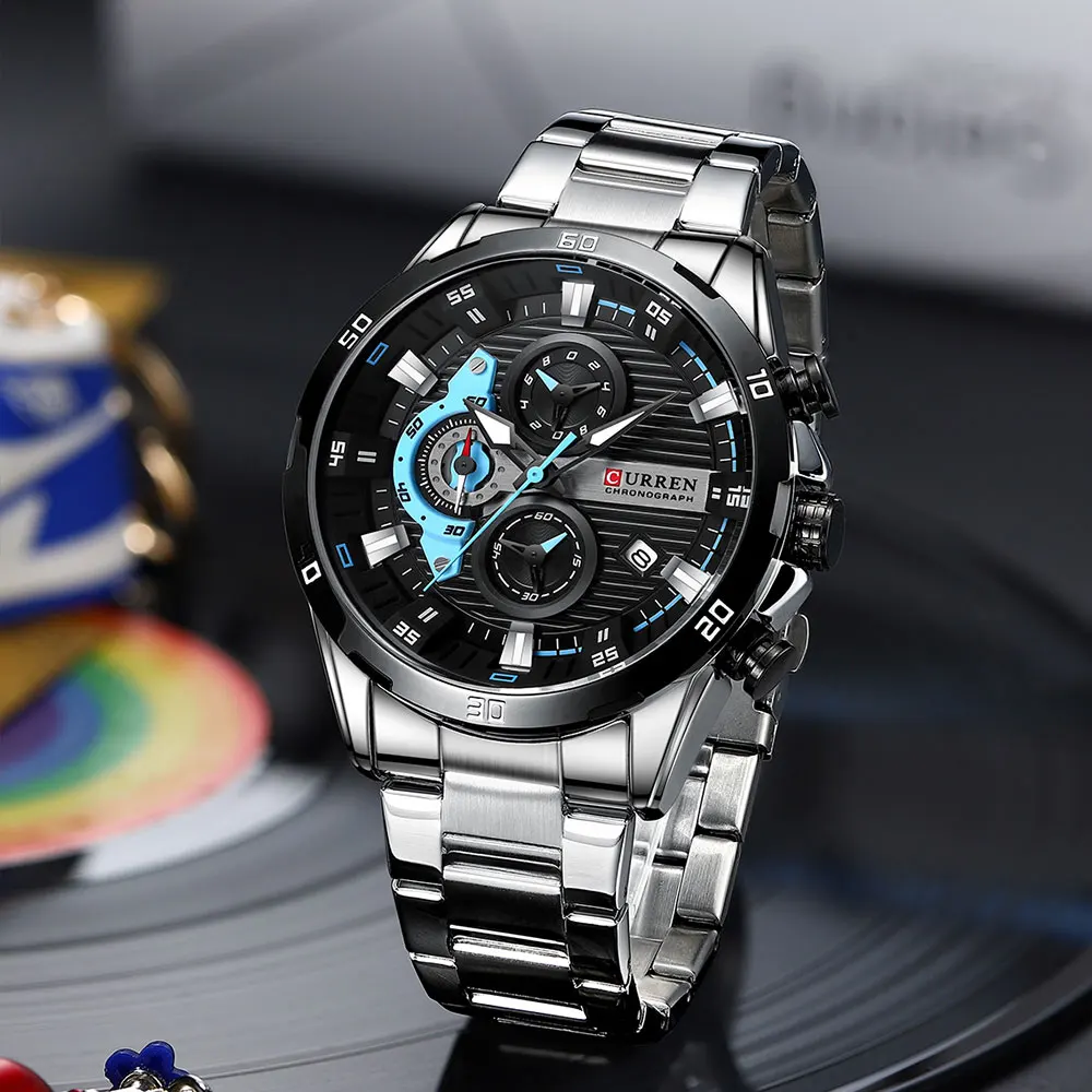 Relojes CURREN de acero inoxidable para hombre, Esfera luminosa de moda creativa con cronógrafo, relojes de pulsera informales para hombre