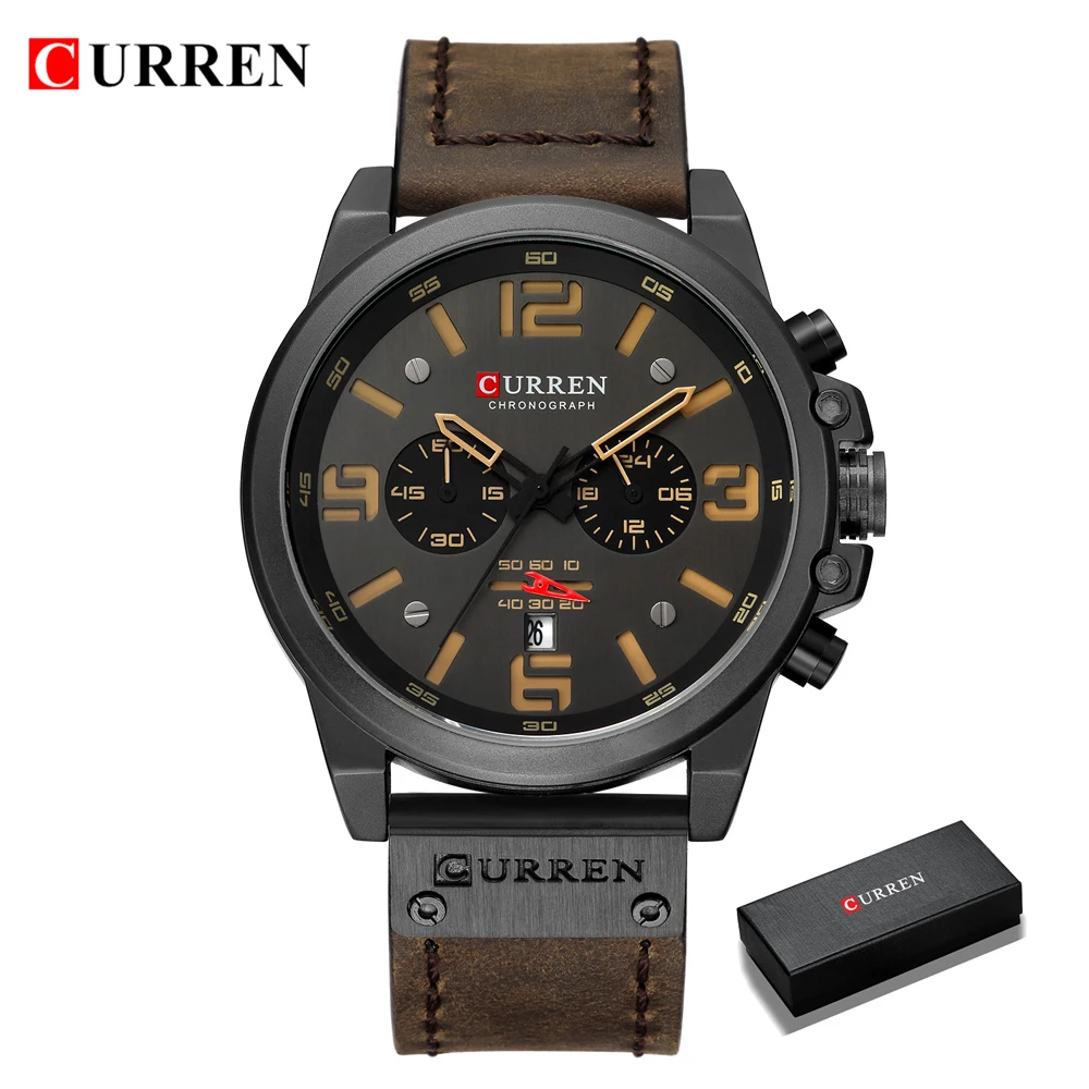 Relojes CURREN para hombre, marca de lujo, reloj de pulsera deportivo resistente al agua, cronógrafo de cuarzo, reloj militar de cuero genuino, reloj Masculino