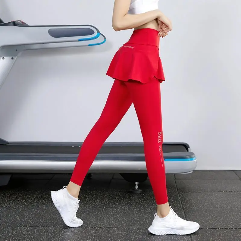 Legging de cintura alta, ropa de gimnasia elástica de nailon, entrenamiento, correr, ropa deportiva, pantalones de Yoga, entrenamiento de levantamiento de cadera, dos faldas + Pantalones falsos
