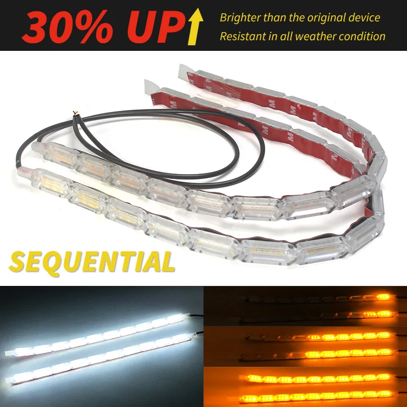Tira de luces LED Flexible ámbar blanca, luz de circulación diurna DRL, resistente al agua, luz diurna secuencial, luces de señal de giro de freno rojas, 2 uds.