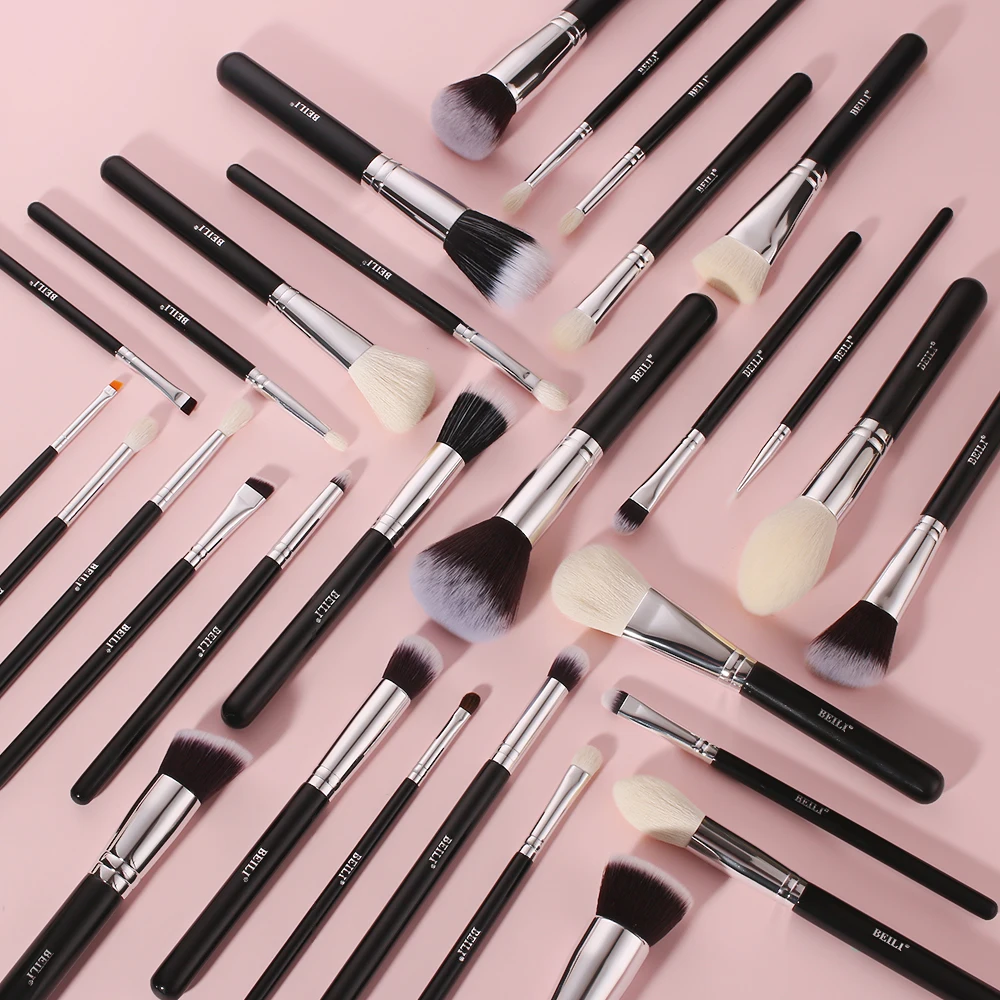 Conjunto de negras brochas maquillaje BEILI, brochas profesionales de pelo Natural de cabra, brochas para base de maquillaje en polvo, brochas para mezclar ojos y maquillaje