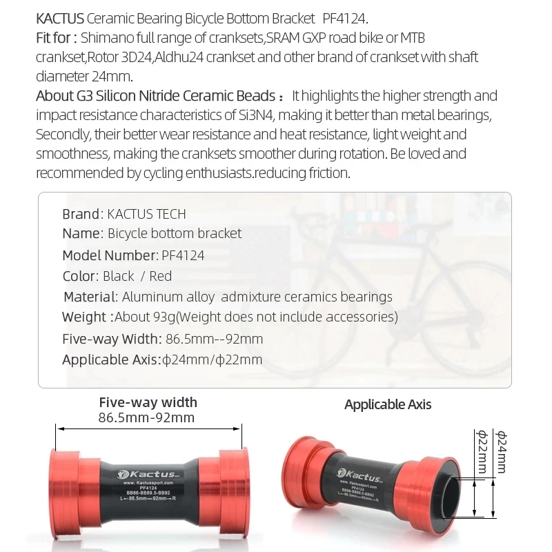 Soportes inferiores de cerámica KACTUS BB86 BB90 BB92 de 41mm, compatibles con eje SHIMANO de 24mm, para piezas de bicicleta SRAM GXP 24/22