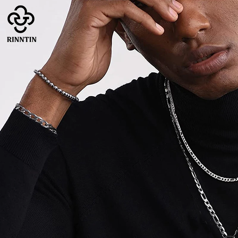 Rinntin-pulsera de plata de ley 925 para hombre y mujer, brazalete de cadena con cuentas de 4mm, hecho a mano, joyería SB103