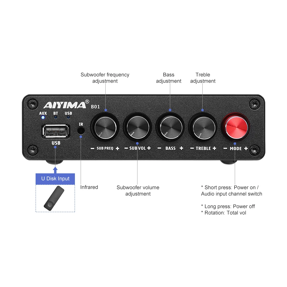 Amplificador de Potencia Bluetooth AIYIMA B01 2.1, Amplificador de Sonido, Altavoz, Amplificador de Audio para el Hogar A03 TPA3116, Amplificador de Subwoofer 50Wx2+100W