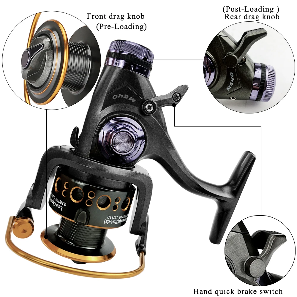 Carrete de pesca giratorio para carpa, sistema de freno delantero y trasero, carrete de Metal, accesorios para herramientas