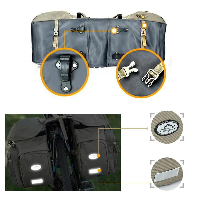 Bolsa de bicicleta de 50L, sillín de carretera de montaña, bolsas de ciclismo, bolsa de asiento trasero de bicicleta, estante de doble cara, paquete de alforja de asiento trasero, accesorios para bicicleta