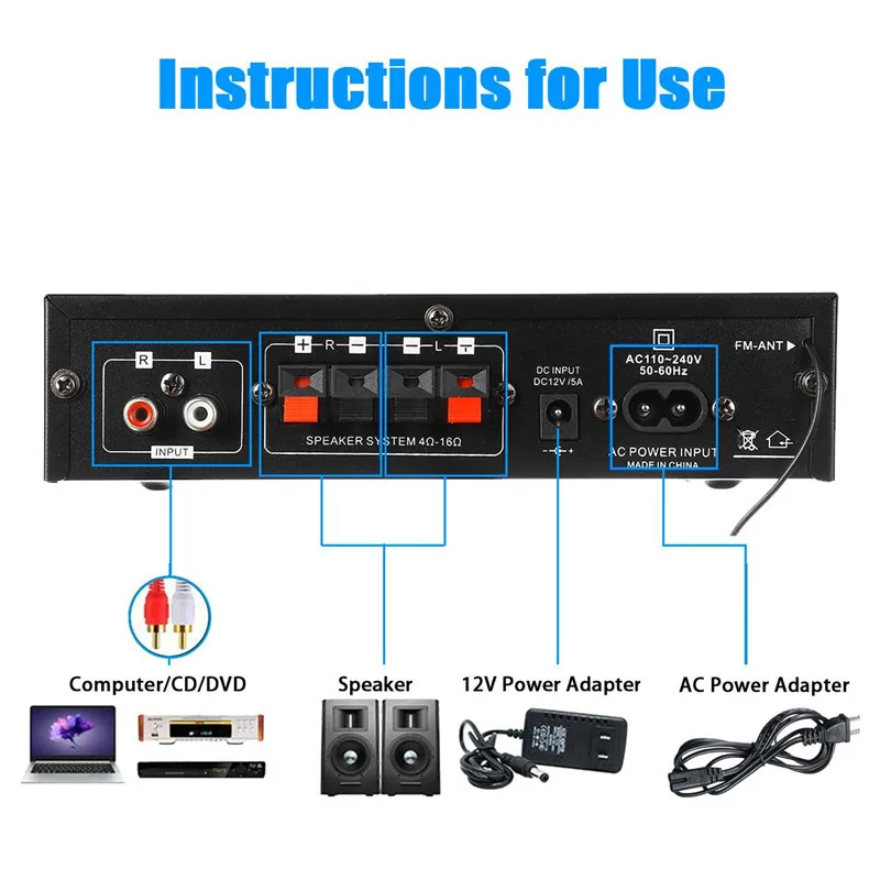 AK35 AK380 800W amplificadores de potencia para el hogar 2 canales Bluetooth 5,0 sonido envolvente FM USB Control remoto Mini amplificador Digital HIFI