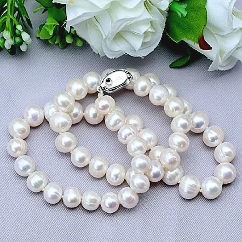 Collares de perlas naturales, joyería de perlas de agua dulce de 9-10mm, collar de plata de ley 925 para mujer, regalo de compromiso