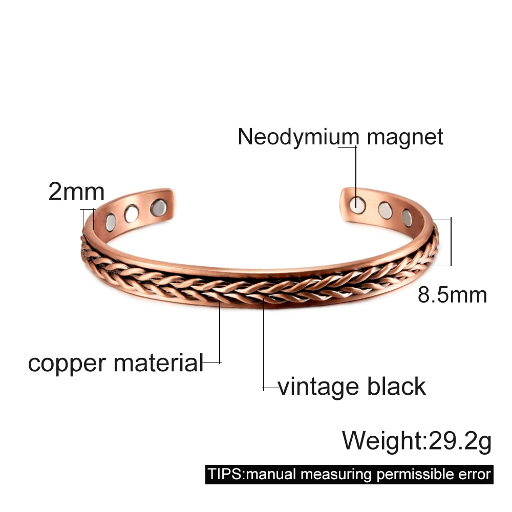 Pulsera magnética de cobre puro trenzado, brazaletes ajustables para hombres y mujeres, antritis, alivio del dolor, joyería energética para la salud