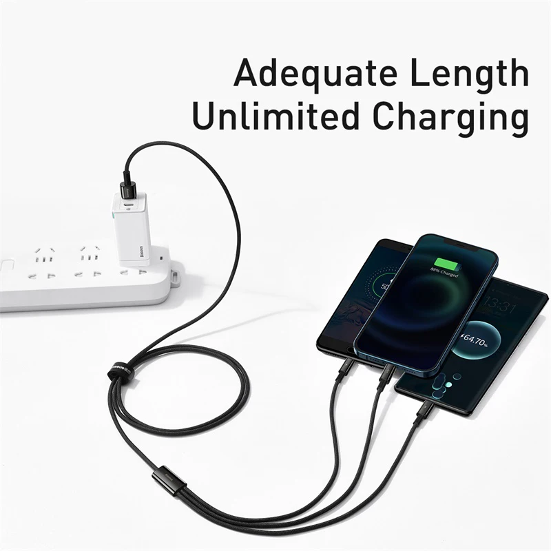 Cable USB 3 en 1 Baseus para iPhone 14 Pro Max, Cable USB Micro Tipo C para Xiaomi Redmi Note 9, Samsung S23, Cable de Carga Rápida