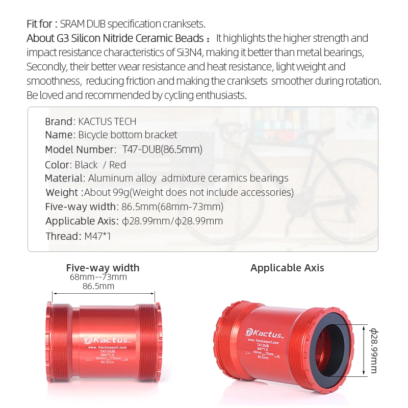 KACTUS Ceramic BB T47-DUB Eje de Pedalier para Bicicleta, 86.5mm de Ancho, para Pedales SRAM DUB, Grupo Axis 28.99, Piezas de Bicicleta de Aleación de Aluminio