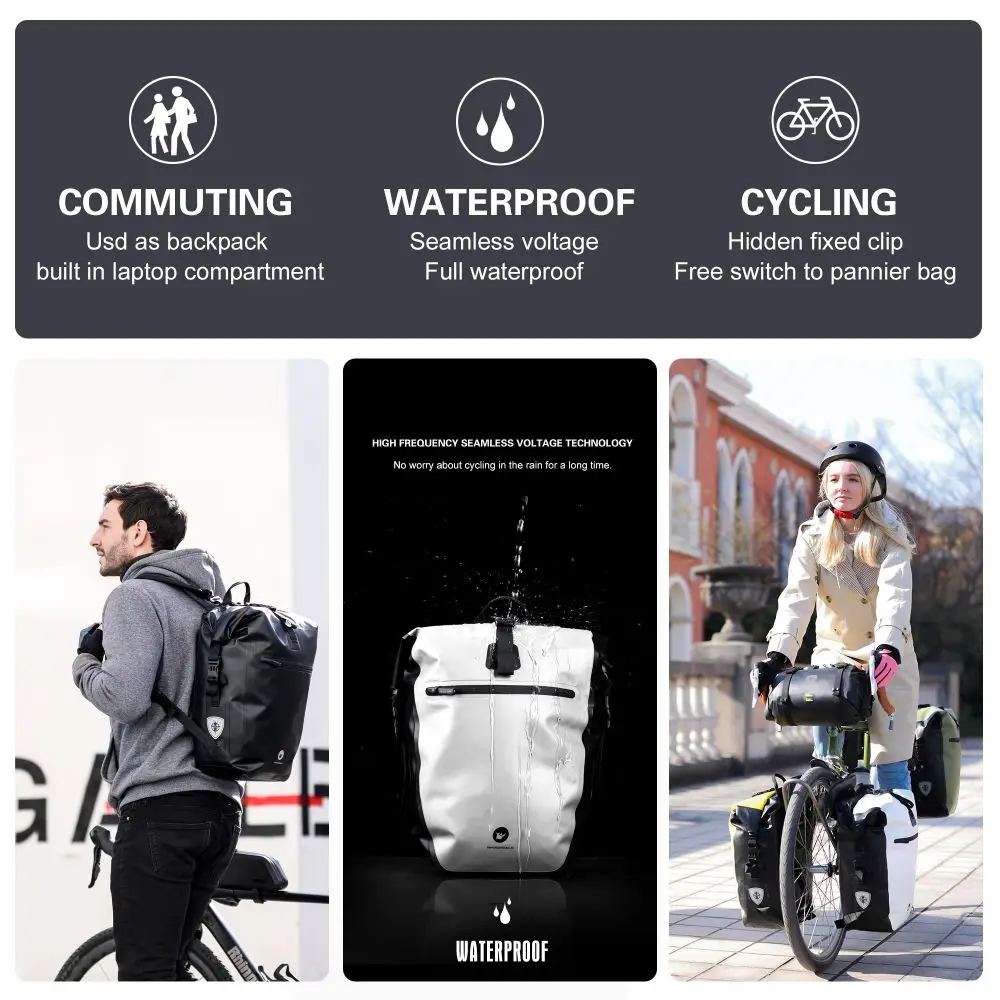 Bolsa y Alforja para Bicicleta Rhinowalk, 100% Impermeable, 27L de Capacidad, Alforja Trasera Multifuncional para Portaequipajes, Bolsas de Ciclismo