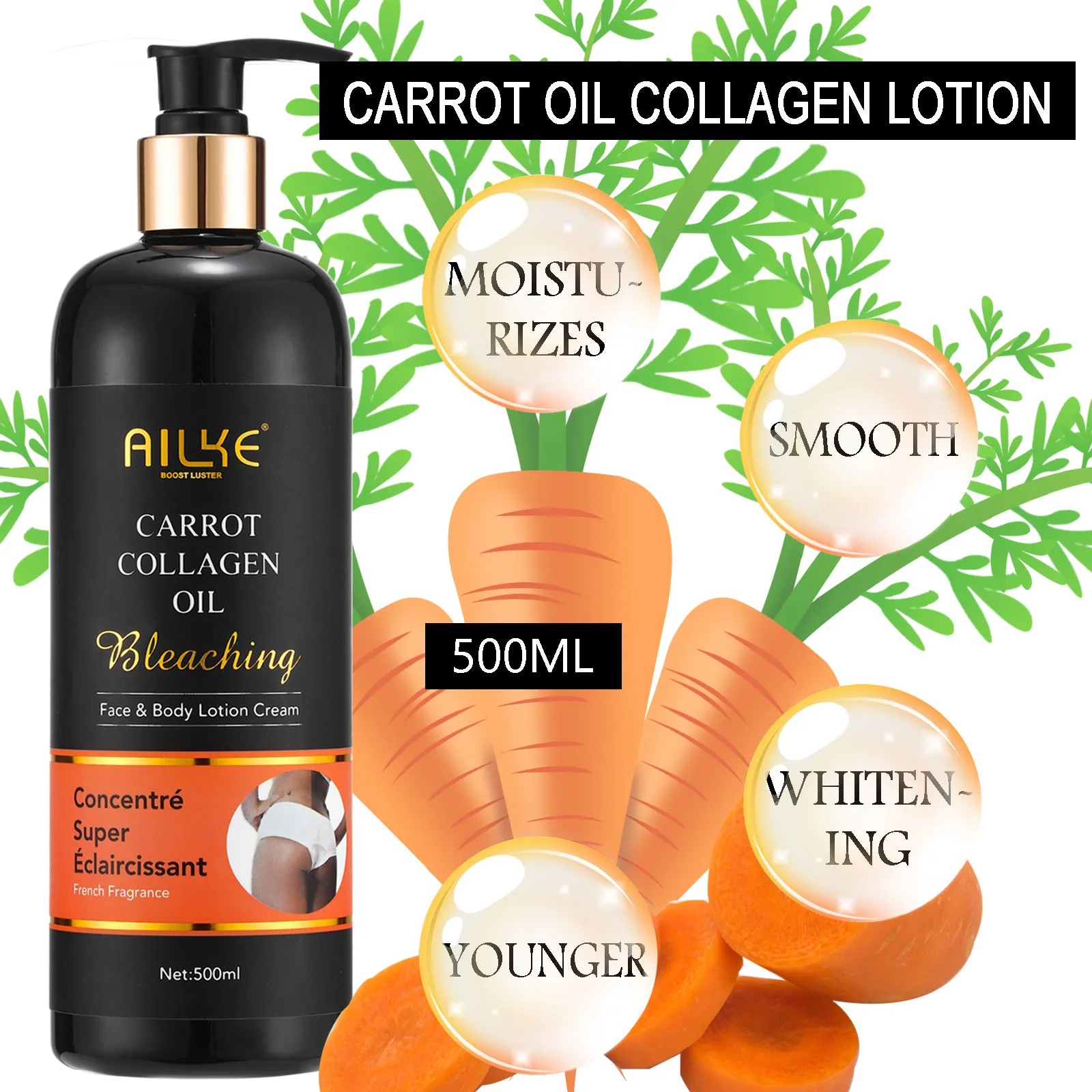 Loción corporal blanqueadora AILKE, reduce las manchas oscuras, incluso el tono de la piel, con colágeno y aceite natural de zanahoria, crema hidratante para la piel, 500 ml