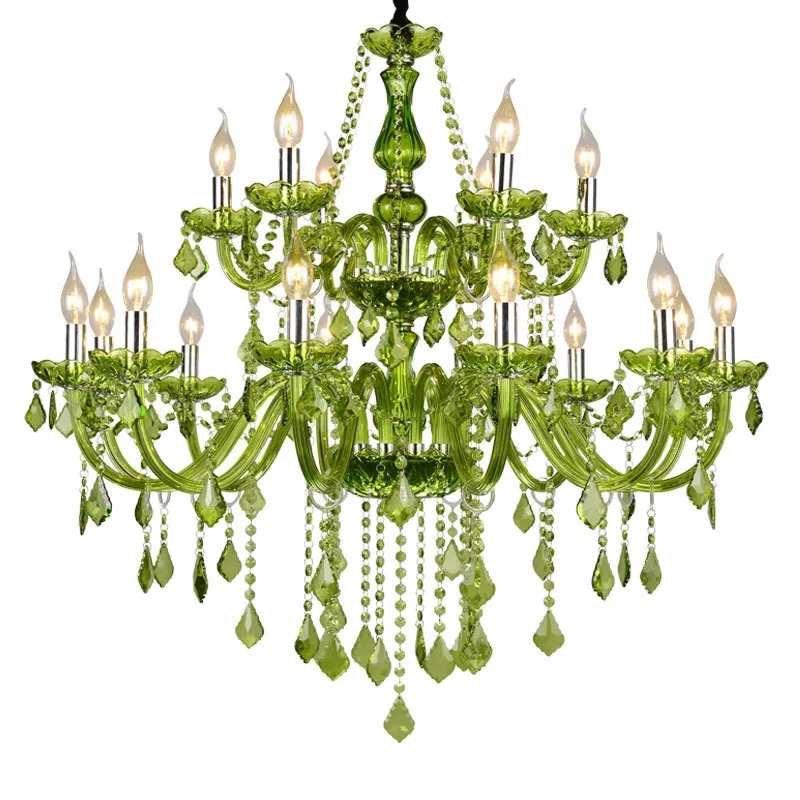 Candelabro de cristal verde de lujo, lámpara colgante de vela E14 para salón de bodas, dormitorio, Villa, Hotel, restaurante, cafetería, Bar