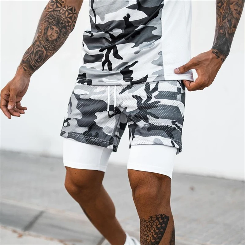 ¡8 colores! Pantalones cortos deportivos 2 en 1 para hombre, Shorts transpirables de malla de camuflaje, de doble cubierta para trotar, correr, secado rápido, gimnasio, Fitness, entrenamiento